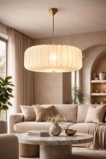 Bej Kumaş Kaplı Japandi Tarzı Sarkıt Yatay Silindir Lamba (50cm) - Görsel 2