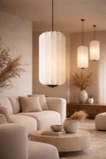 Bej Kumaş Kaplı Japandi Tarzı Sarkıt Silindir Lamba (50x25) - Görsel 2