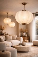 Bej Kumaş Kaplı Japandi Tarzı Sarkıt Küre Lamba - Görsel 2